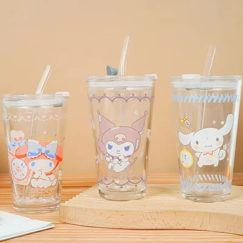 Sanrio Character Glass Water tumbler with glass straw - Assorted