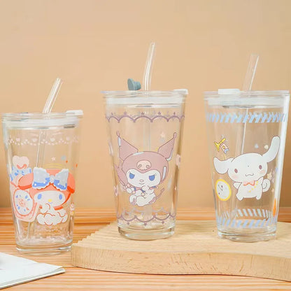 Sanrio Character Glass Water tumbler with glass straw - Assorted