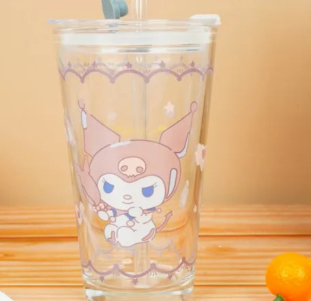 Sanrio Character Glass Water tumbler with glass straw - Assorted