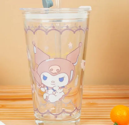 Sanrio Character Glass Water tumbler with glass straw - Assorted