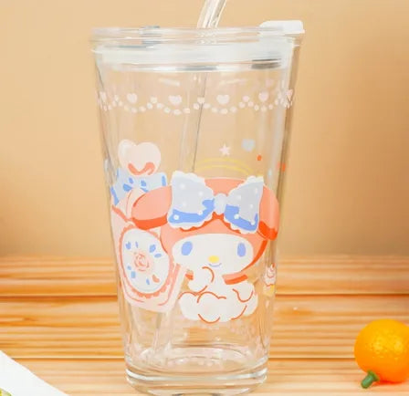 Sanrio Character Glass Water tumbler with glass straw - Assorted