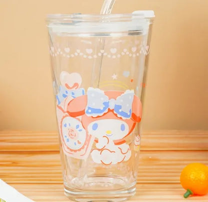 Sanrio Character Glass Water tumbler with glass straw - Assorted