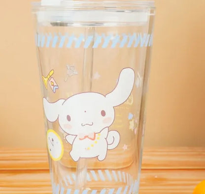Sanrio Character Glass Water tumbler with glass straw - Assorted