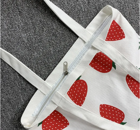 Strawberry Canvas Tote w/Zipper w/Inside Pocket
