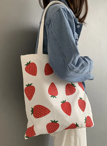 Strawberry Canvas Tote w/Zipper w/Inside Pocket